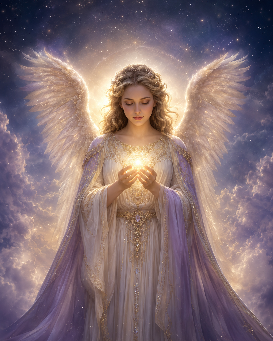 Ángel luminoso sosteniendo una esfera de luz